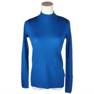 Premise Blue Ribbed Mock Neck Sweater XS Metallic Cuff Button Detail